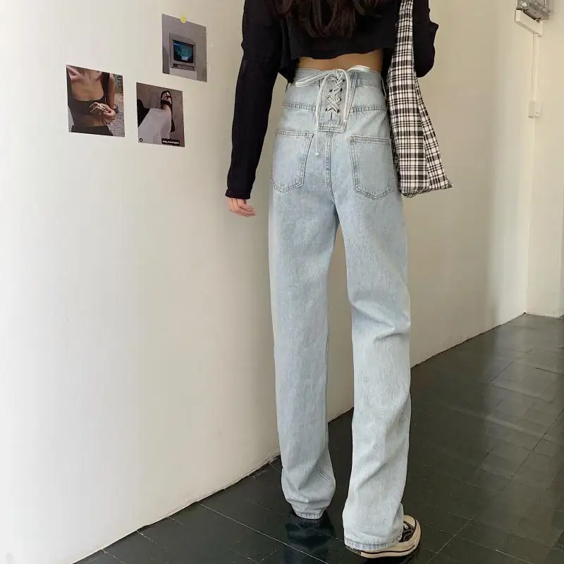 

Корейская версия 2021 новые летние высокого качества с эластичной резинкой на талии, Для женщин свободные джинсы с аппликацией в виде шнуровк...