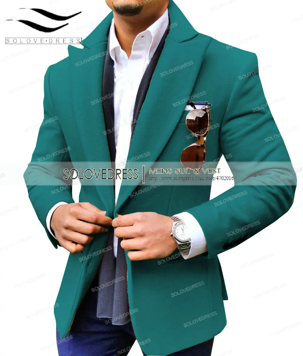 Teal Коричневый пиджак для мужчин, для отдыха, шерсть, твид, балзер, формальный, нотч, с отворотом, Бизнес Стиль, приталенный смокинг, Женихи, для мужчин, зимнее пальто - Цвет: Teal