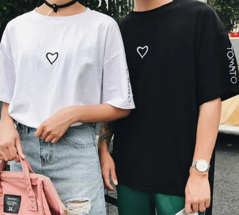 

2021 Summer Couples Lovers T-Shirt for Women Casual White Tops Tshirt Women T Shirt Love Heart Embroidery Print T-Shirt Female