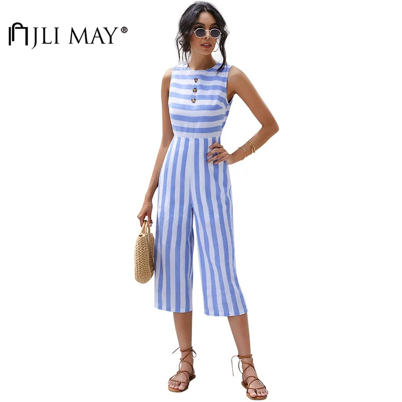 

JLI MAY Women's Jumpsuit Striped O-neck Sleeveless Single Breasted Empire Loose Summer Casual Jumpsuits Office Lady