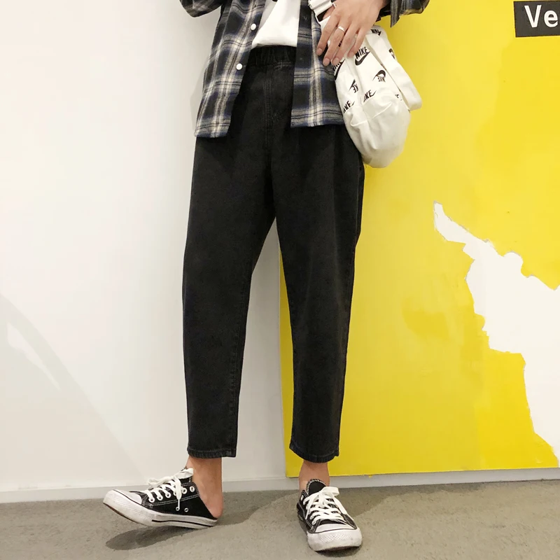 

2020 Spring And Autumn New Youth Popular Solid Color Couple Jeans Fashion Casual Wild Cropped Pants Black / Blue S-2XL