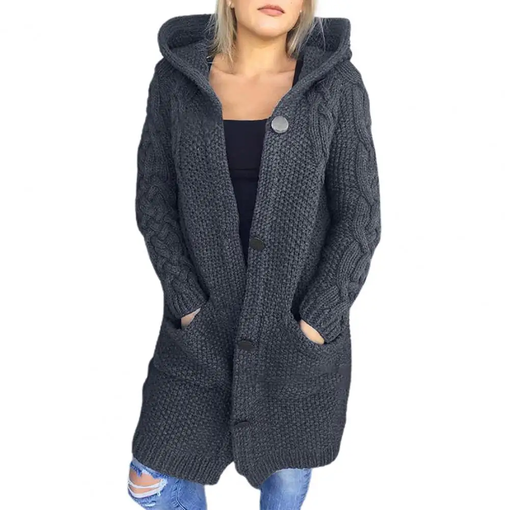 

Women Sweater Coat 2021 Solid Color Long Sleeve Women Cardigan Autumn Winter Hooded Pockets Knitted Sweater Outerwear