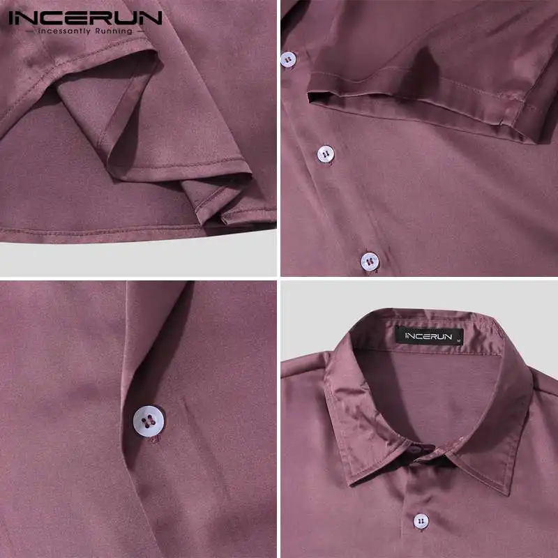 INCERUN 2022 Fashion Men Shirt Solid Color Lapel Short Sleeve Gloss Streetwear Party Casual Men Clothing Summer Leisure Camisas