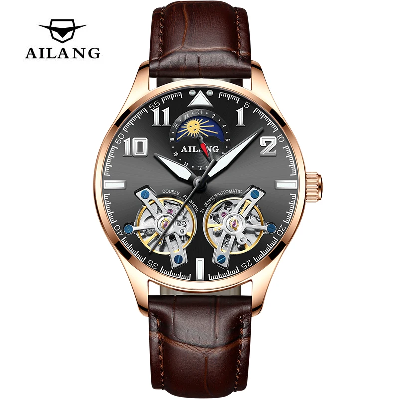 

AILANG Watch Double Flywheel Tourbillon Watches Men Moon Phase Automatic Wristwatch Mechanical Transparent Steampunk Clock Male