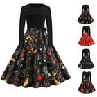 Женское платье с длинным рукавом junxi WAN, черное повседневное облегающее платье с круглым вырезом, с длинными рукавами, с длинным подолом с рождественским принтом, в стиле 1950-х и 60-х, зима 1950