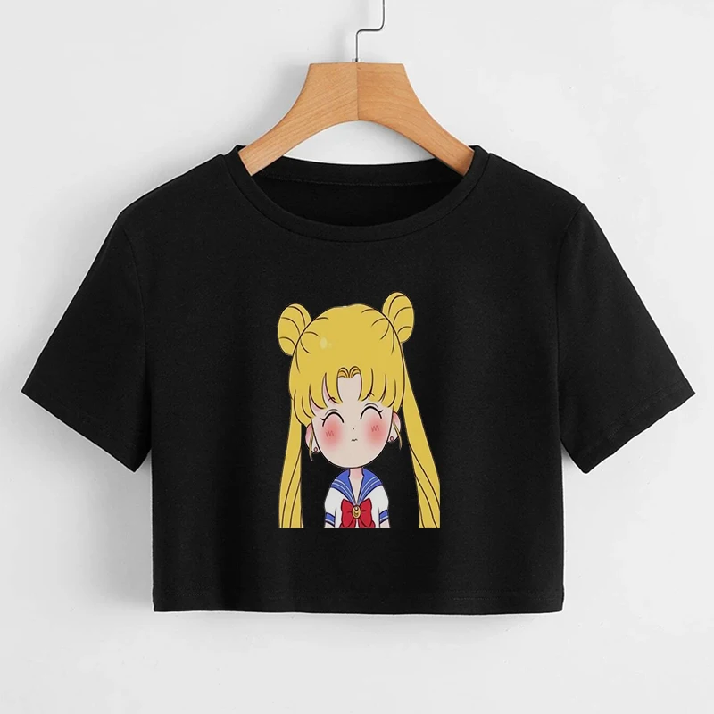 

Harajuku Goth Female Cute Sailor Moon Graphics T-shirts Kawaii Short Sleeve Anime Black T Shirt Casual Ulzzang Women Crop Tops