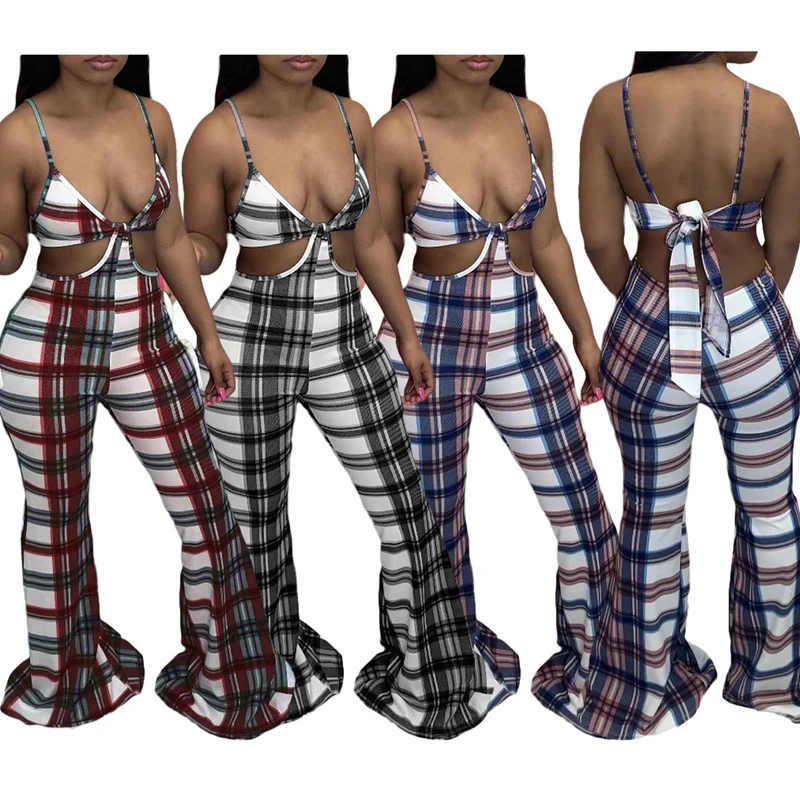 

ZOOEFFBB Sexy Plaid Spaghetti Strap Bodycon Jumpsuit Birthday Club Outfits for Women Overalls Summer Clothes One Piece Rompers