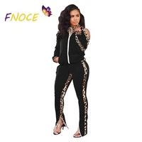 fnoce off shoulder sports two piece set fashion leopard splicing suit zipper trousers slits 2021 autumn winter womens clothing