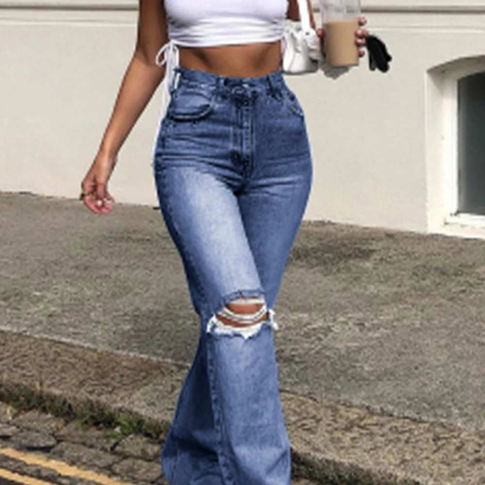 

2XL Flare jeans women Holes Ripped Jeans Hollow Out High Waist Zipper Fly Denim Blue Black Jeans Wide Leg Pants