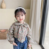 2021 spring korean girl sweet shirt with bow tie girl pastoral floral shirt