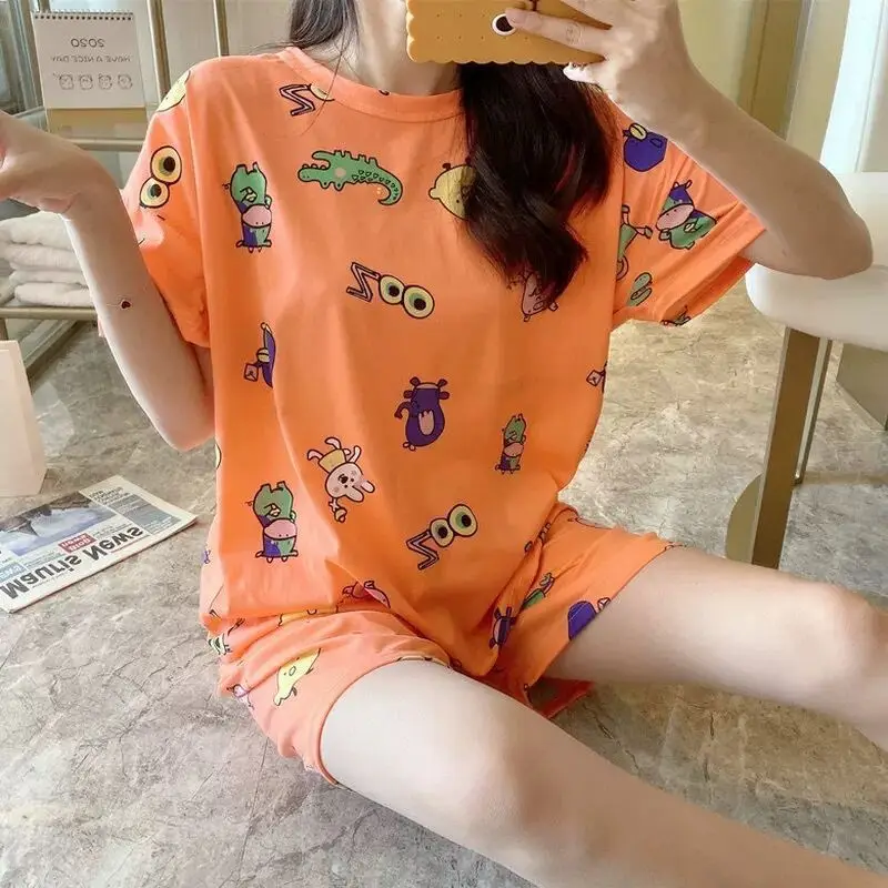 

Women Pajamas Set Lovely Print 2PCS Sleepwear Female Casual Shirt&Shorts Loose Pyjamas Suit Home Dressing Gown Set