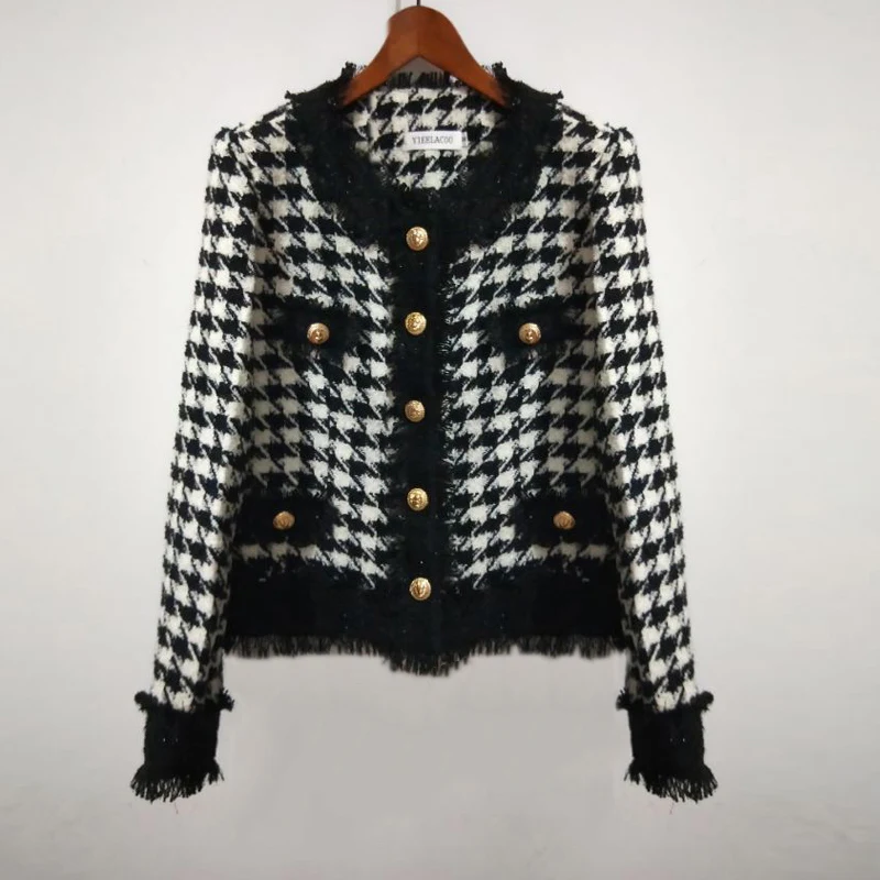 

Black/white plaid tweed jacket autumn / winter women's jacket long sleeve Business ladies one piece jacket coat