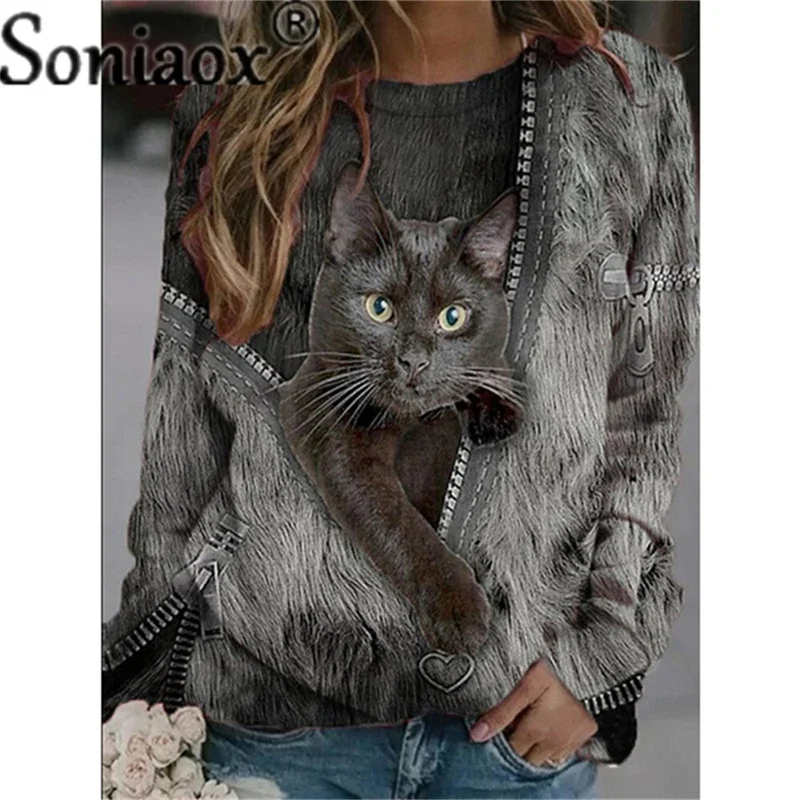 2021 Fashion Women Round Neck Pullover Cat Long Sleeve T-Shirt Casual Printed Autumn Cotton Long Ladies Shirt Loose Street Tops