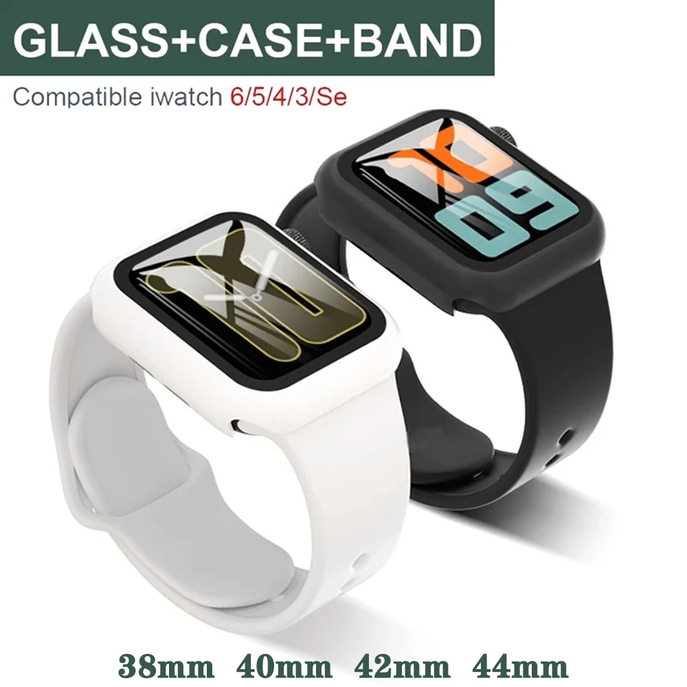 

Стекло + чехол + ремешок для Apple Watch, ремешок, чехол, ремешок 40 мм 44 мм 38 мм 42 мм, защита экрана, аксессуары, браслет для iWatch series 6 5