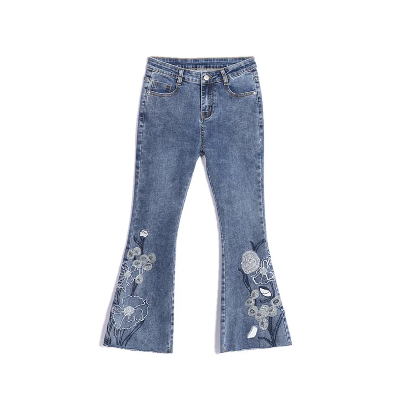 

New Cotton Fashion Super Large Simple Elegant Embroidered Jeans Cropped Elasticity Flare Pants Plus Size 26-31 32 33 34 36 38 40