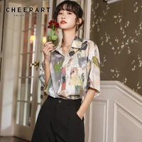 cheerart colored drawing short sleeve blouse women summer top button up loose collared shirt casual fashion 2020