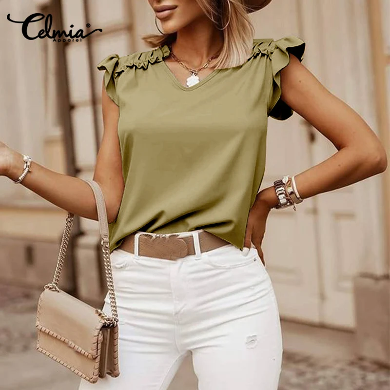 Celmia Casual Summer Sleeveless V-neck Blouses Women's 2021 Fashion Ruffles Patchwork Tops Solid Color Streetwear Blusas S-5XL