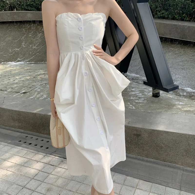 

Женское длинное платье на пуговицах, винтажное платье на бретелях с открытыми плечами и высокой талией в Корейском стиле, E820, лето 2021