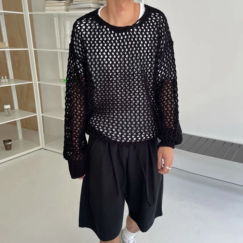 

Мужская одежда свитер 2022 осень-зима свободный Универсальный ажурный винтажный Свитер оверсайз в Корейском стиле пуловер с круглым вырезом