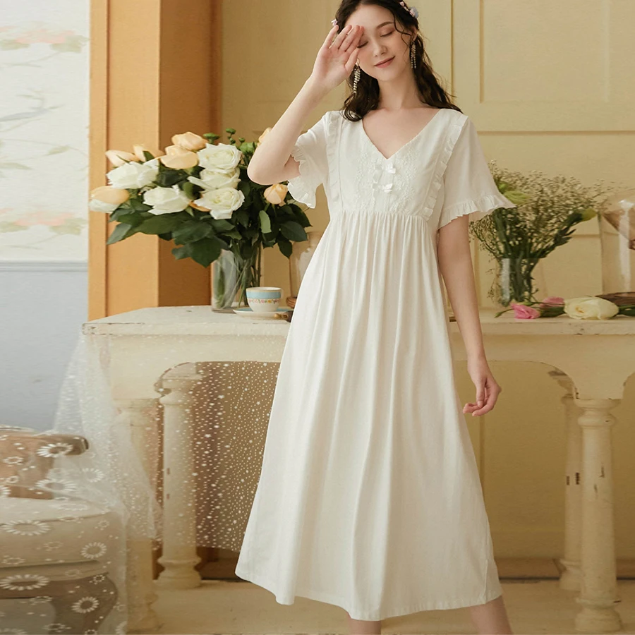 

Летняя хлопковая уютная одежда для сна, женское свободное платье размера плюс, элегантная женская пижама, повседневное белое платье, домашняя одежда для женщин