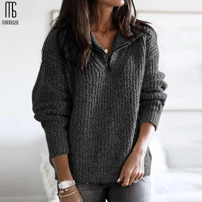 Manoswe осенне-зимний женский плотный шерстяной вязаный пуловер на молнии с