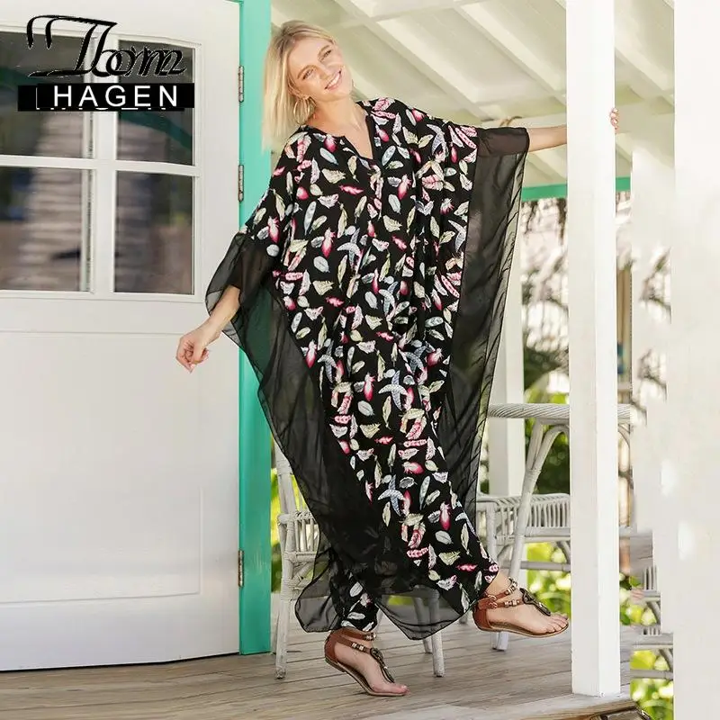 Женское длинное платье макси Tom Hagen синее пляжное с длинным рукавом и v образным