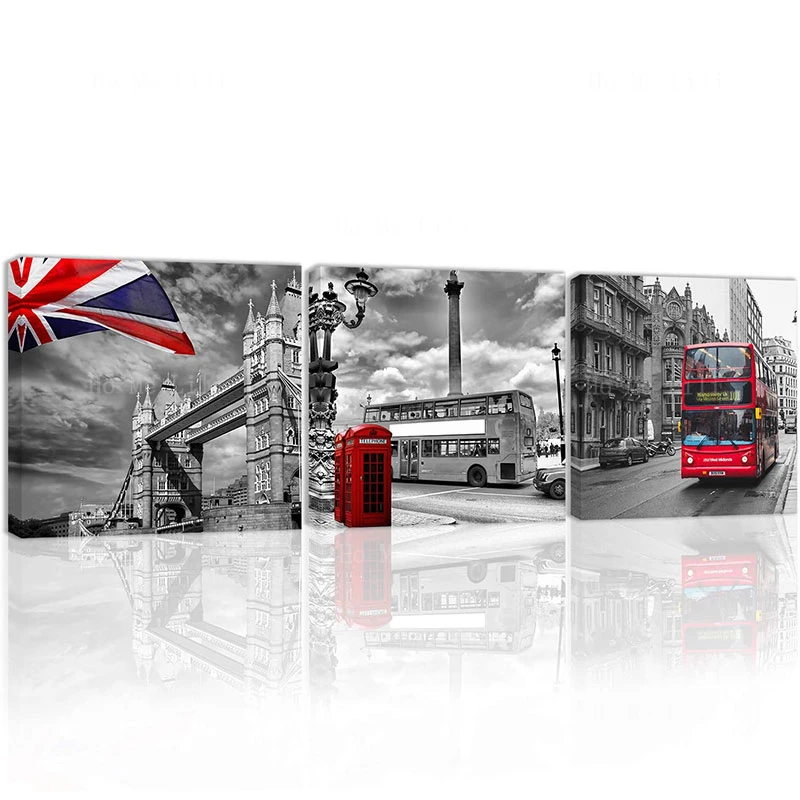 

Black And White Red Tower Bridge With British Flag Wall Art Street View Of England London City Artwork Canvas For Home Decor