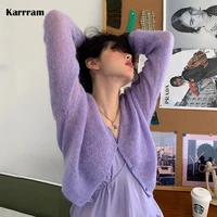 karrram korean candy colors cashmere mohair cardigan women purple crop tops autumn deep v neck knitted sweaters fashion knitwear