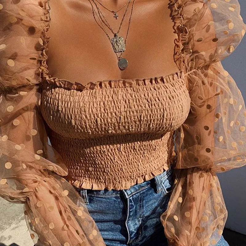 

SHUJIN Women Mesh Blouse Chiffon Sheer See-through Long Sleeve Top Shirt Blouse Fashion Transparent White Shirt Female Blusas