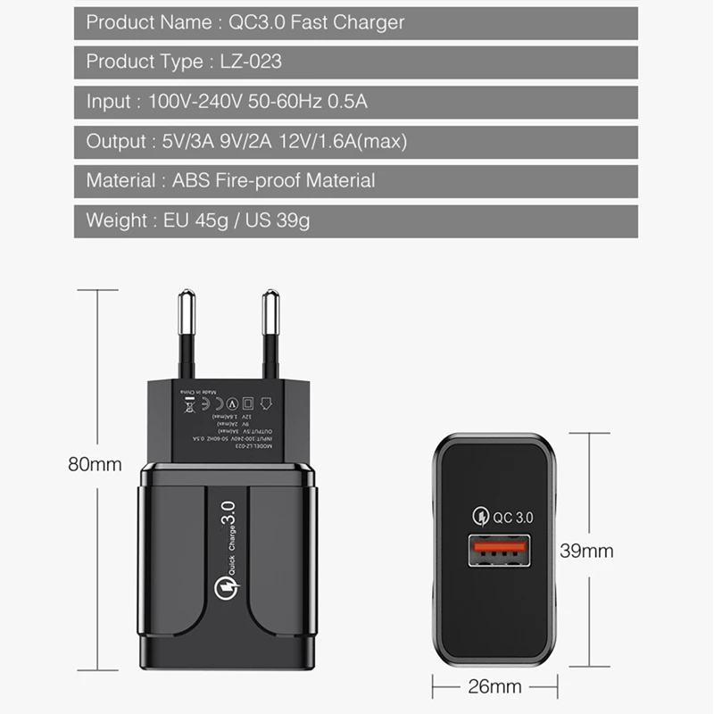 Универсальный 18 Вт USB Quick Charge 3,0 для iPhone huawei Xiaomi EU US настенный адаптер Android мобильный телефон быстрое зарядное устройство для samsung S8