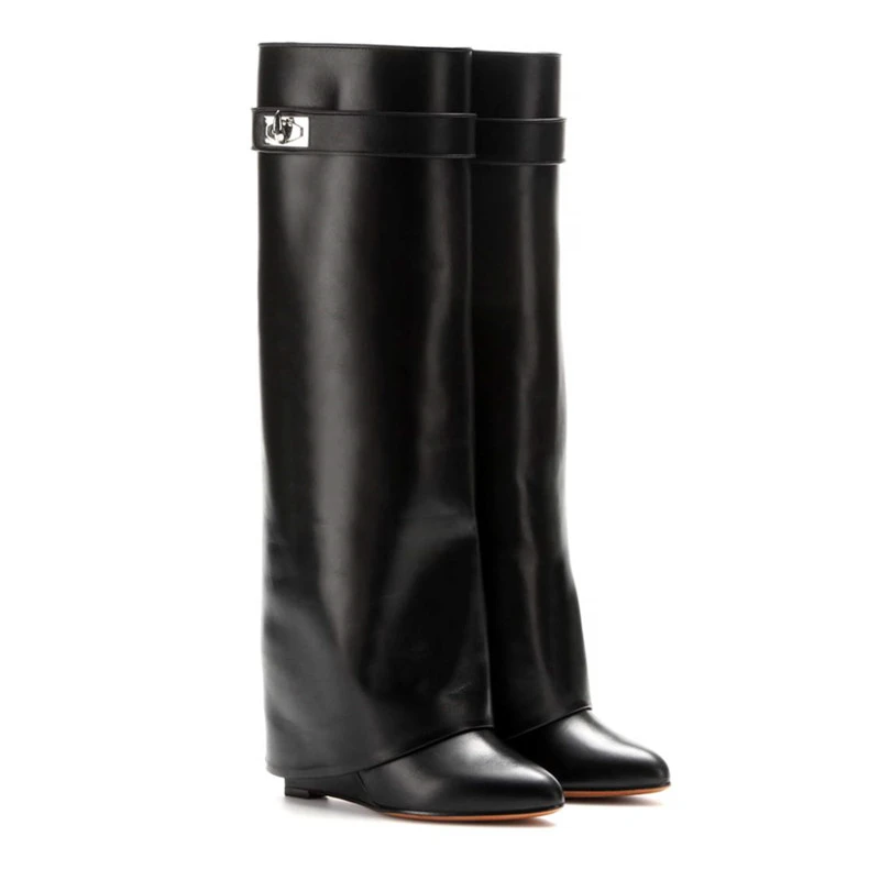 

Shark Lock Women's Boots Sexy Slip-on Knee High Boots Woman Motorcycle Long Botas Mujer Genuine Leather Pointed Toe Wedge Shoes