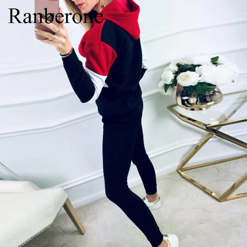 2020 Women Tracksuit Thicken Hooded Sweatshirts 2 Piece Set Casual Sport Sets Long Sleeve Patchwork Plus Size Fitness Suit