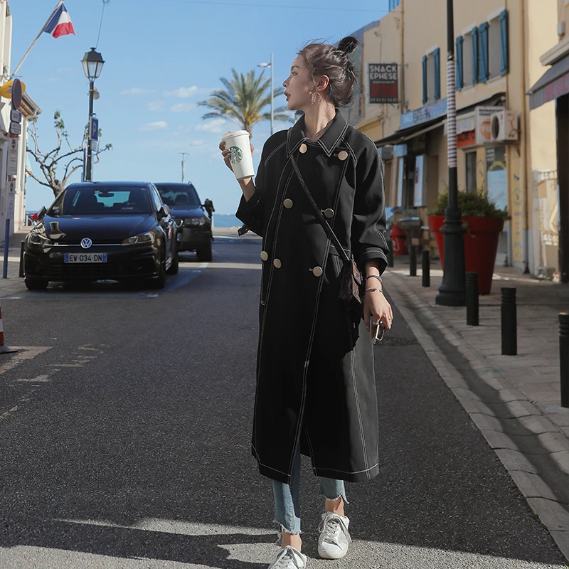 

2020 Spring Women's Raincoats Long Trench Coats For Femme Casual Undefined Black Lapel Double-breasted Fashion Korean Clothes