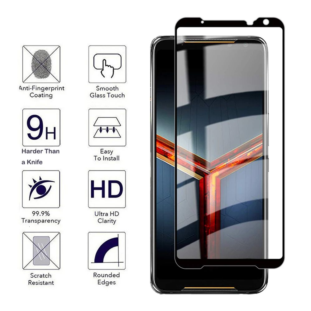 Черное закаленное стекло для Asus ROG Phone II ZS660KL Защитное экрана Phone2 полноэкранная