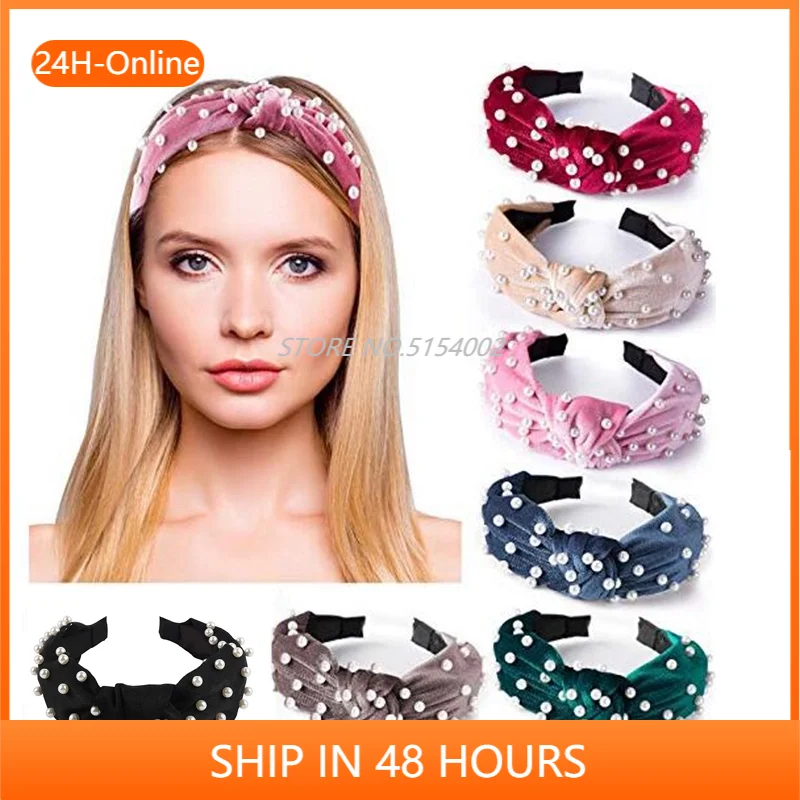

Женская бархатная повязка на голову, широкий ободок с узлом и жемчугом, аксессуар для волос