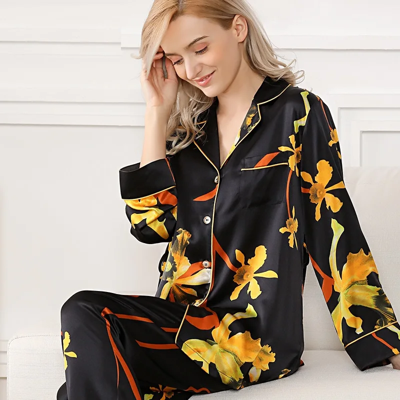 Silk Stain Pajamas 2020 Flower Print Full Sleeve Woman Spring Summer New Homewear 100% Silk Sleepwear Sets Home Wears XL