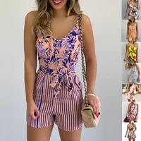 women summer print jumpsuit with belt sleeveless beach rompers bodycon slim strap bodysuit wide leg overalls playsuit clothing