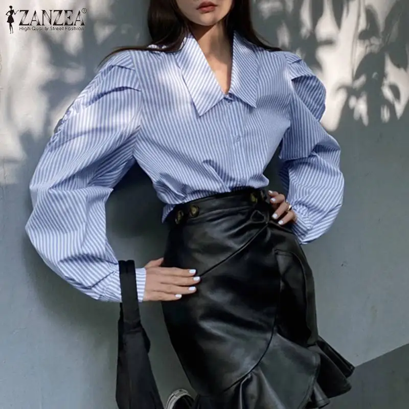 

Рубашки ZANZEA OL в полоску, женская модная блузка 2021, Женская шикарная блузка с длинными рукавами-фонариками, повседневные Элегантные Топы с от...