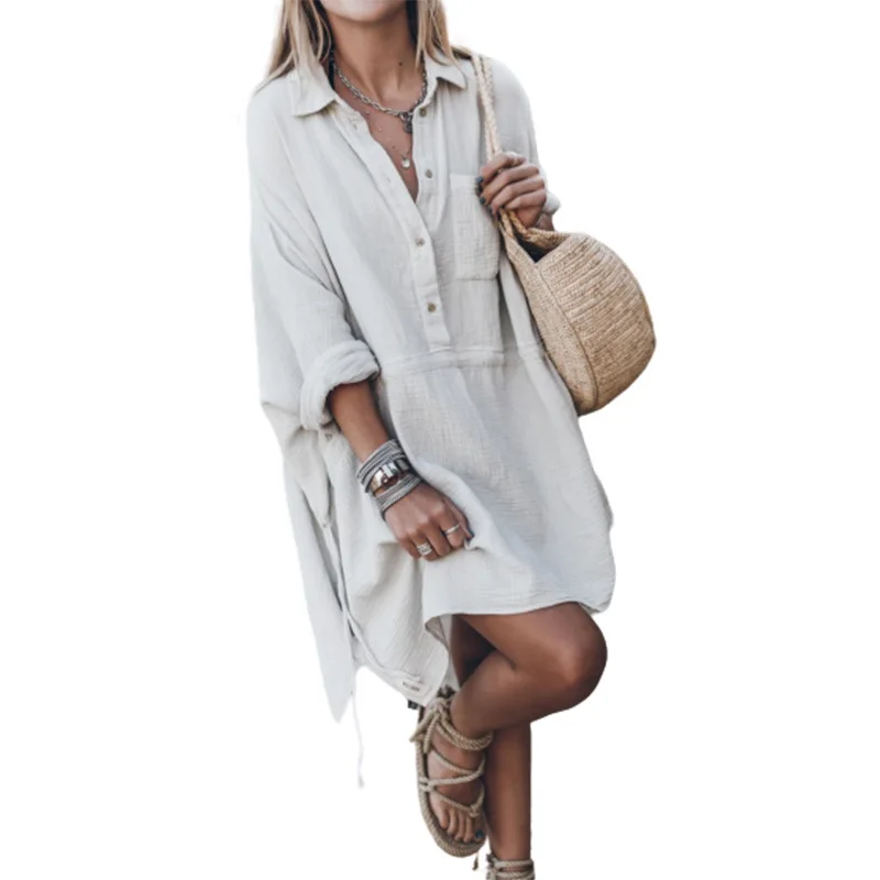 

2020 Autumn New Arrival Women V Neck Long Sleeve Single-breasted Cotton Linen Casual Dress Solid Color Pocket Loose Dress