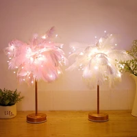 remote control feather table lamp usbaa battery power diy creative warm light tree feather lampshade wedding home bedroom decor