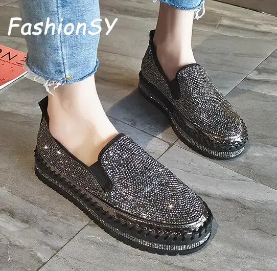 Новинка Лоферы Женская обувь Цвет Серебристый со стразами Повседневная на