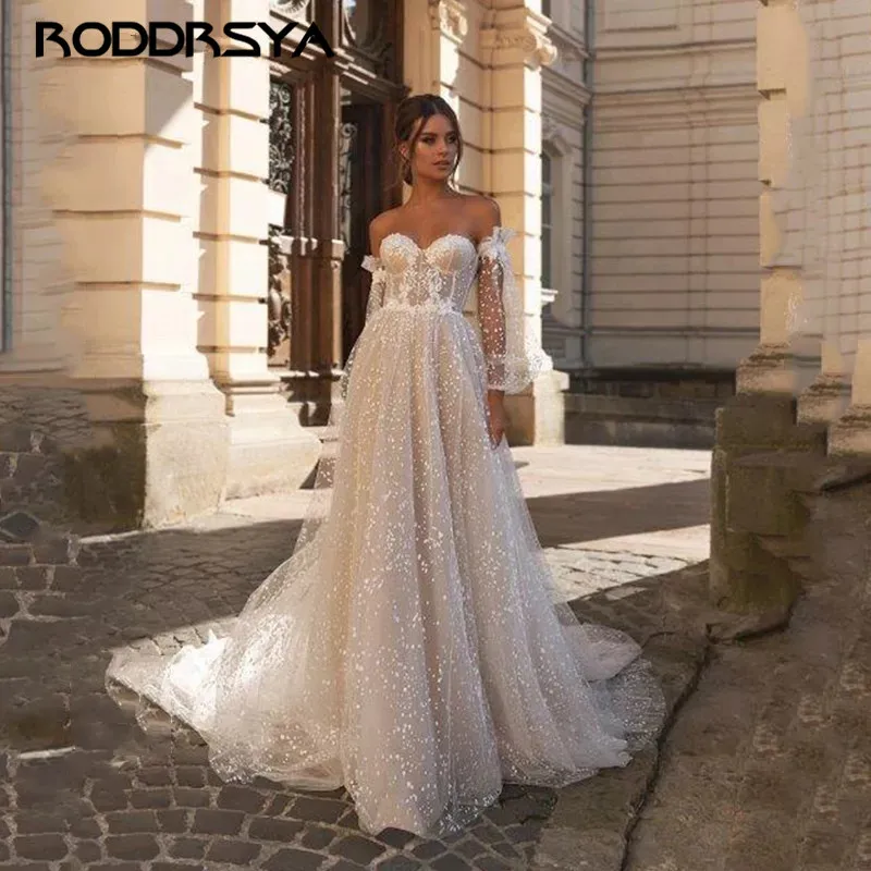 

RODDRSY Lace Appliques Puff Sleeve Wedding Dress 2021 Dot Tulle Bridal Gown For Women Sweep Train A-line Summer Bohemian