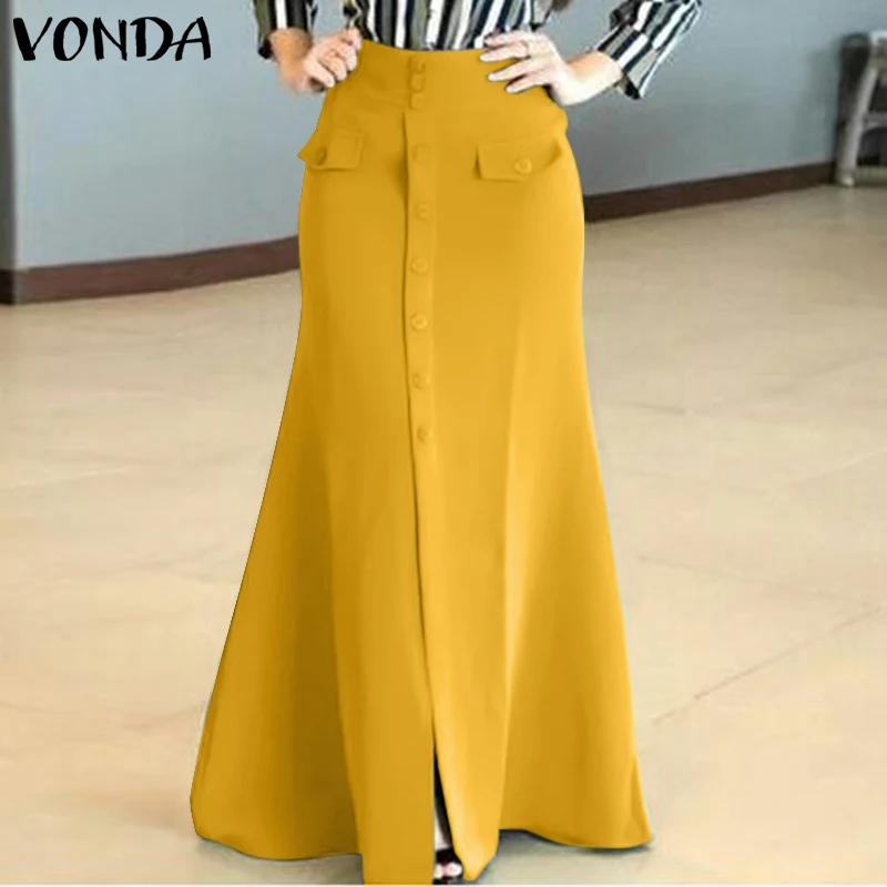 

VONDA Women Long Skirt 2021 Elegant Button Up Maxi Skirts Faldas De Mujer Solid High Waist Skirts Femme Loose Beach Streetwears