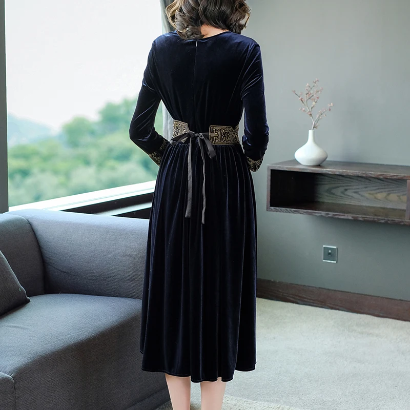 

COIGARSAM Fashion Three Quarter Sleeve Women dress New Spring High Waist Dresses Dark Blue 9051