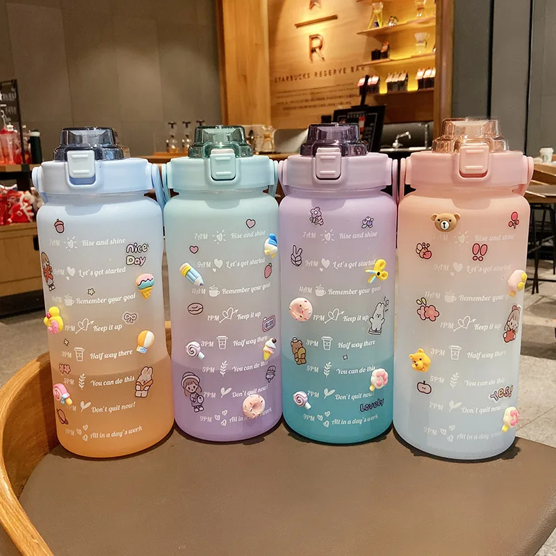 

2000ml Large Water Bottle With Time Marker Leakproof BPA Free Non-Toxic Sports Drinking cute water bottle for girls kawaii
