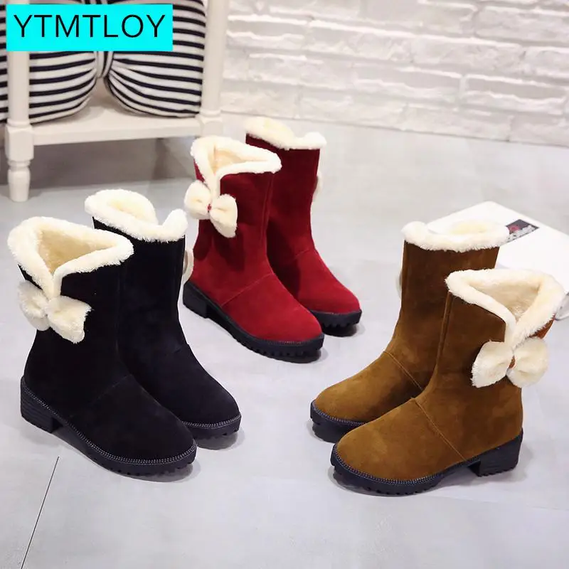 Новинка; зимние сапоги; женские короткие зимние короткие сапоги; хлопковые сапоги; теплая женская обувь из хлопка; красные сапоги с бантом-бабочкой