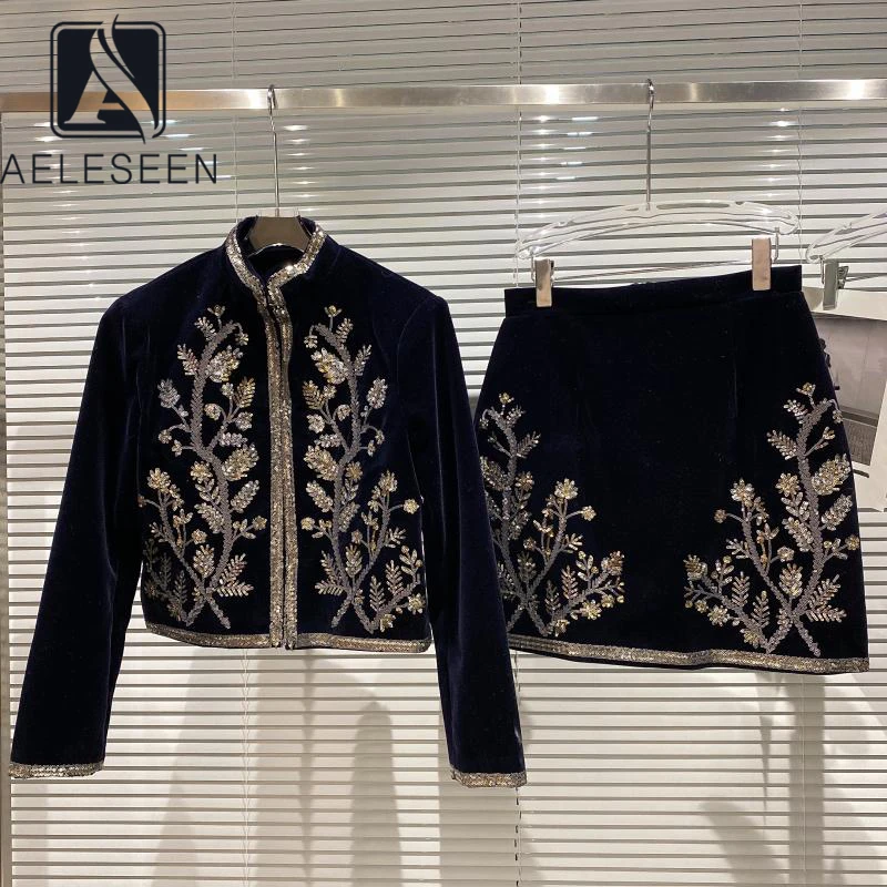 AELESEEN Fashion Designer 2022 Autumn Winter Velvet Suit Women Jacket+Mini Skirt Vintage Beading Crystal Embroidery Set