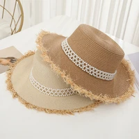 2021 new summer womens sun hat pearl ribbon flat roof raffia straw hat beach hat ladies cap handmade casual sun hats for women