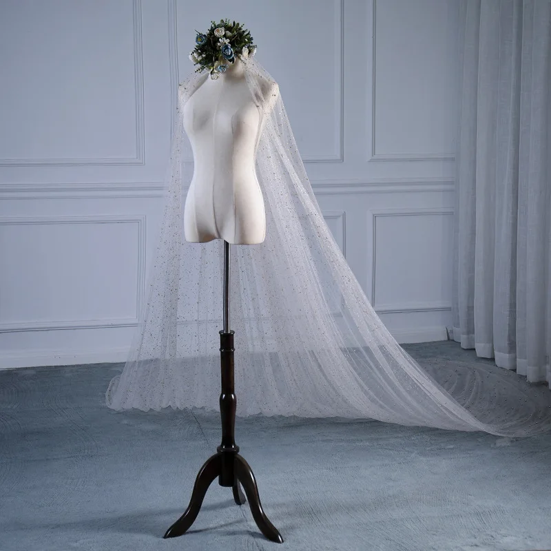 

New Wedding Gold Star Sequin Pearls Decorated Super Long Tailveil Head Dress Woman Headwear Princess Cosplay Headdress 3.5 Meter