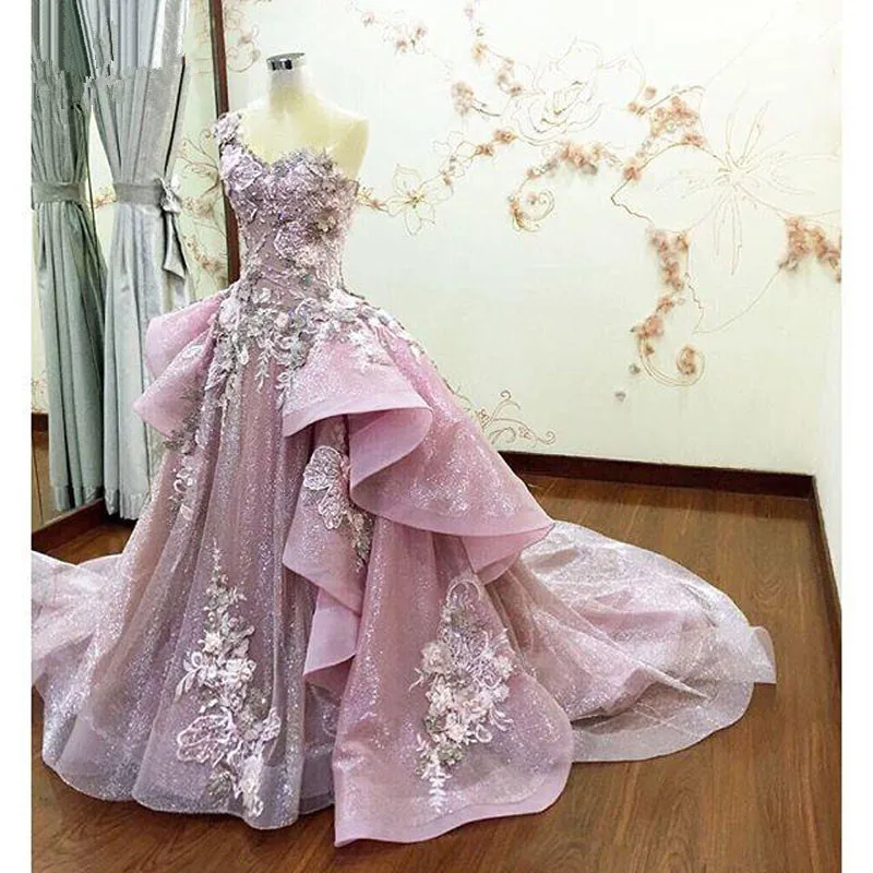 

Pink Evening Dresses A-line One-shoulder Sequins Appliques Beaded Dubai Saudi Arabia Long Prom Dress Gown Robe De Soiree